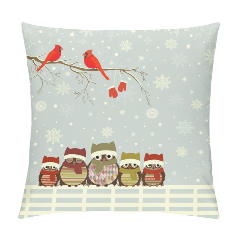 Personality  Christmas Greeting Card With Family Of Owls On Fence Pillow Covers