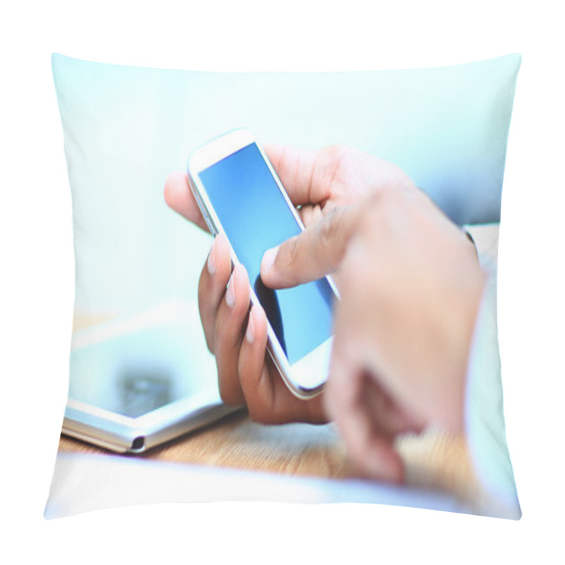 Personality  Close Up Of A Man Using Mobile Smart Phone Pillow Covers