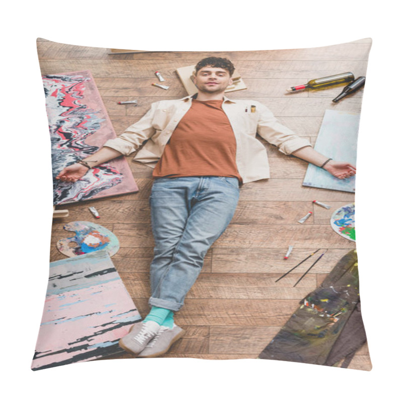 Personality  Tired Artist Lying Of Floor, Surrounded With Paintings And Draw Utensils, And Looking At Camera Pillow Covers