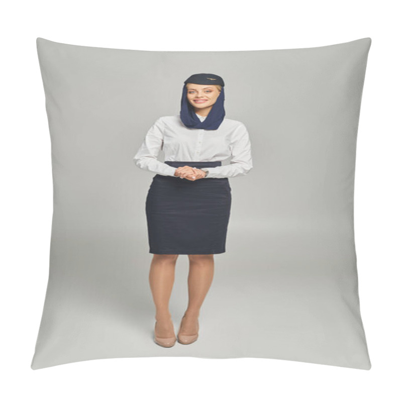 Personality  Full Length Of Happy Air Hostess In Arabian Airlines Uniform Standing And Looking At Camera On Grey Pillow Covers