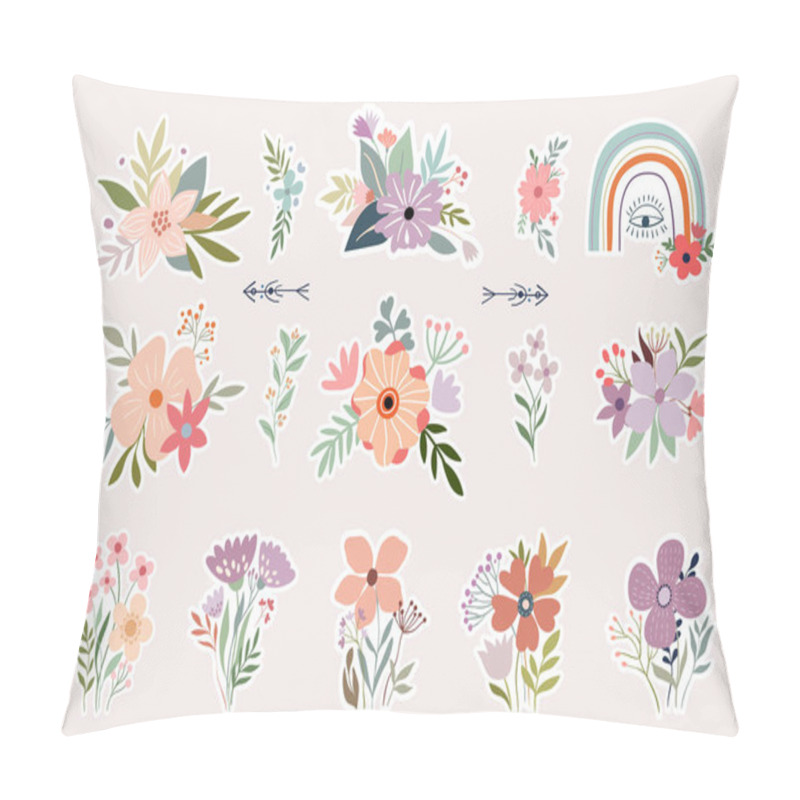 Personality  Floral Stickers Collection With Decorative Flowers Arrangement And Rainbow, Boho Design Pillow Covers