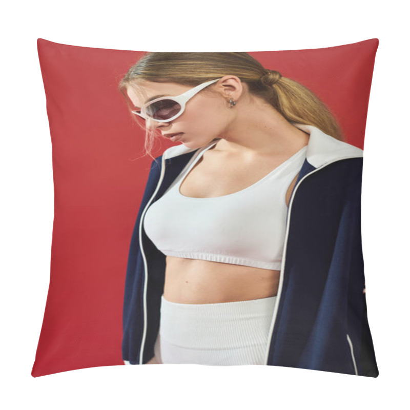 Personality  A Beautiful Sportswoman Expresses Her Emotions While Posing In A Stylish Athletic Outfit. Pillow Covers