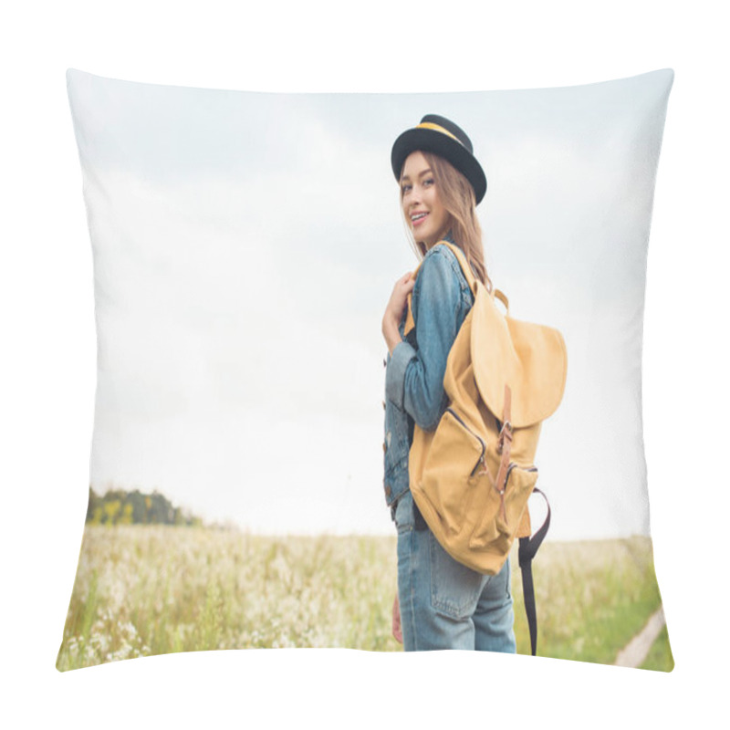 Personality  Portrait Of Young Attractive Woman In Hat With Yellow Backpack Standing In Field Pillow Covers