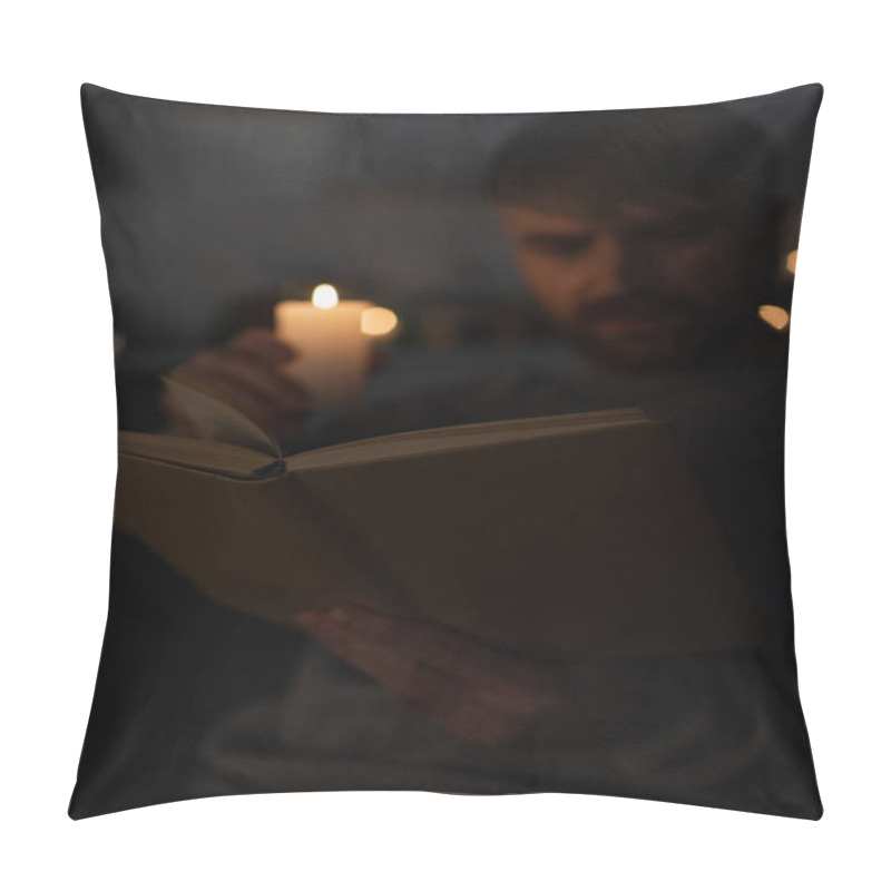 Personality  Selective Focus Of Book Near Man Holding Lit Candle While Reading During Electricity Shutdown Pillow Covers