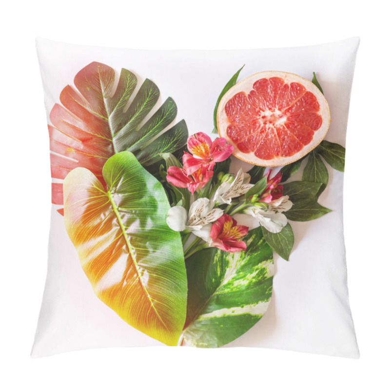 Personality  Summer Tropical Theme Background Or Template With A Space For A Text, Various Fruits, Green Leaves And Flowers Pillow Covers