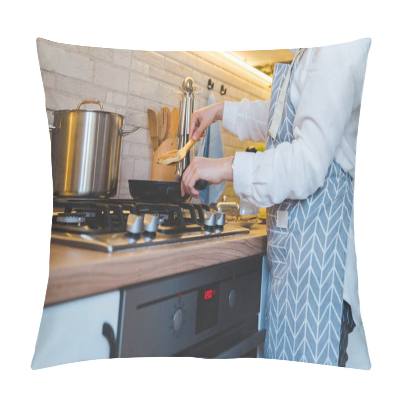 Personality  Woman Fry On Pan Kitchen View. Copy Space Pillow Covers