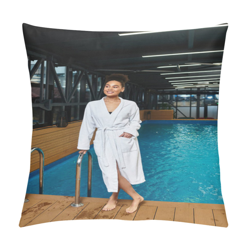 Personality  A Young African American Woman Stands At The Spa Pool, Feeling Relaxed And Carefree. Pillow Covers