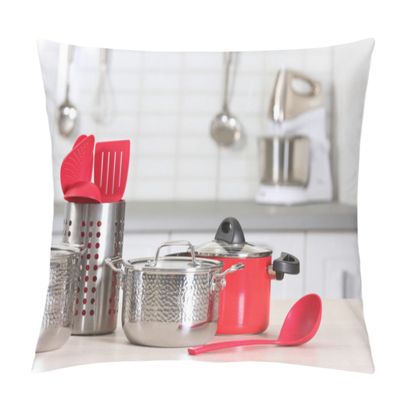 Personality  Set Of Clean Cookware And Utensils On Table In Kitchen Pillow Covers