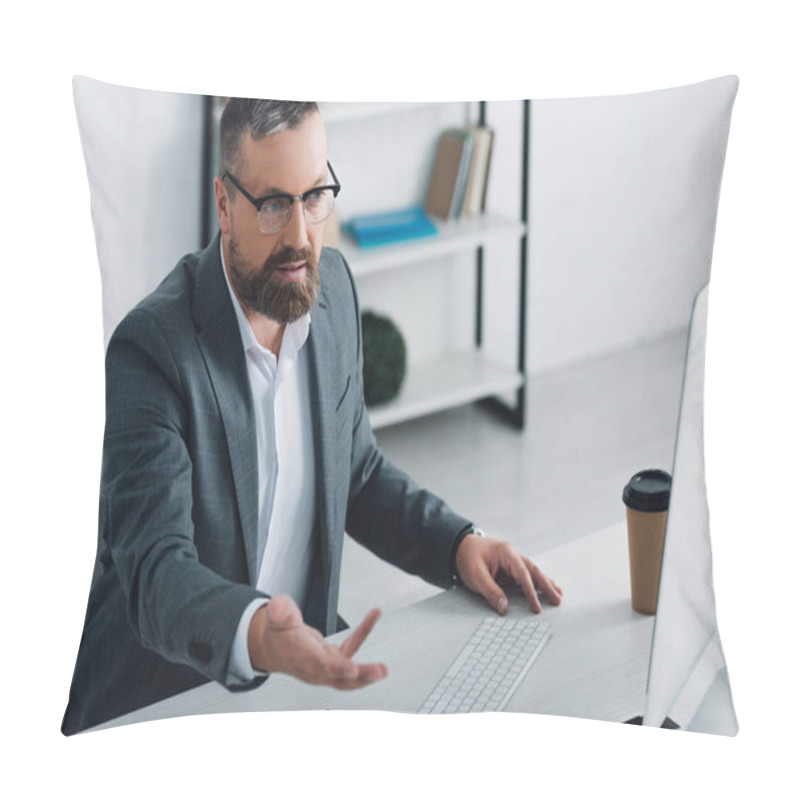 Personality  Handsome Businessman In Formal Wear Talking In Video Chat In Office  Pillow Covers