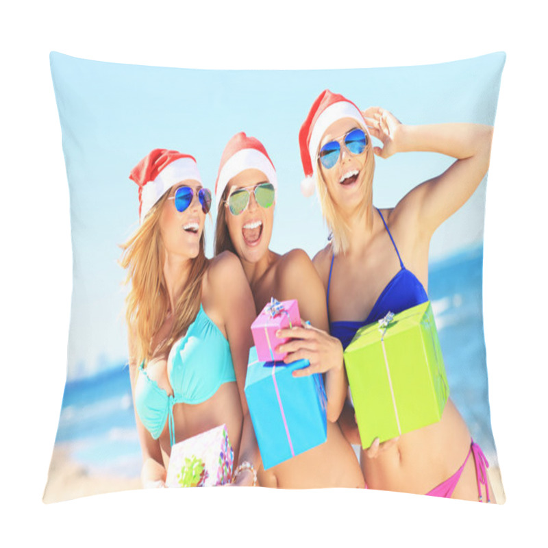 Personality  Girls In Santa's Hats Having Fun Pillow Covers