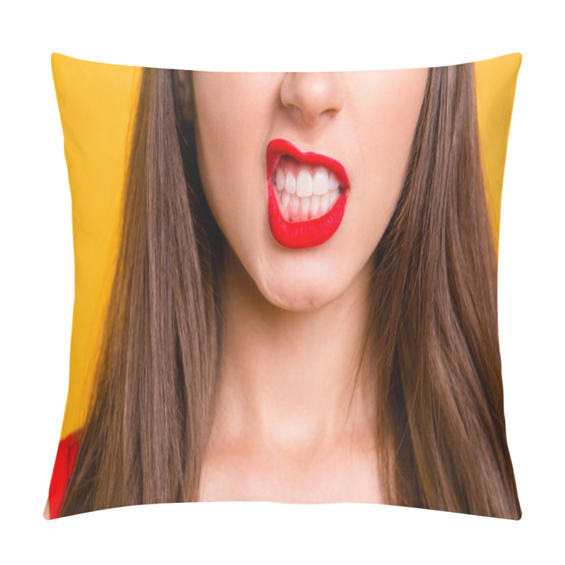 Personality  Cropped Close Up View Half Faced View Photo Portrait Of Sexual Seductive Tempting Bitchy Cool Hipster Lady Showing Teeth Saying Unpleasant Words Isolated On Shiny Bright Vivid Background Pillow Covers