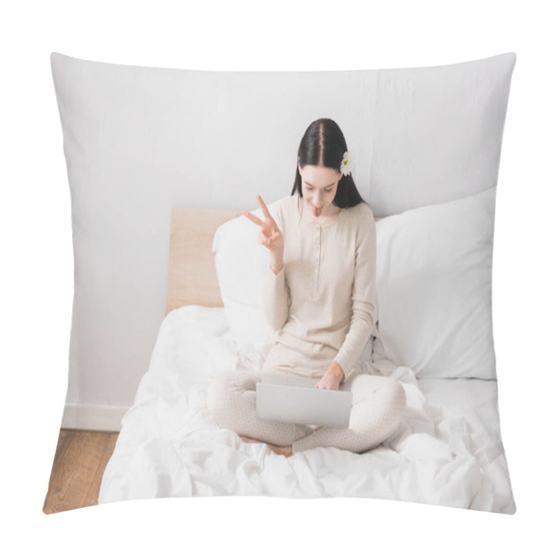 Personality  Young Woman With Vitiligo And Flower In Hair Showing Peace Sign While Having Video Call On Laptop In Bedroom  Pillow Covers