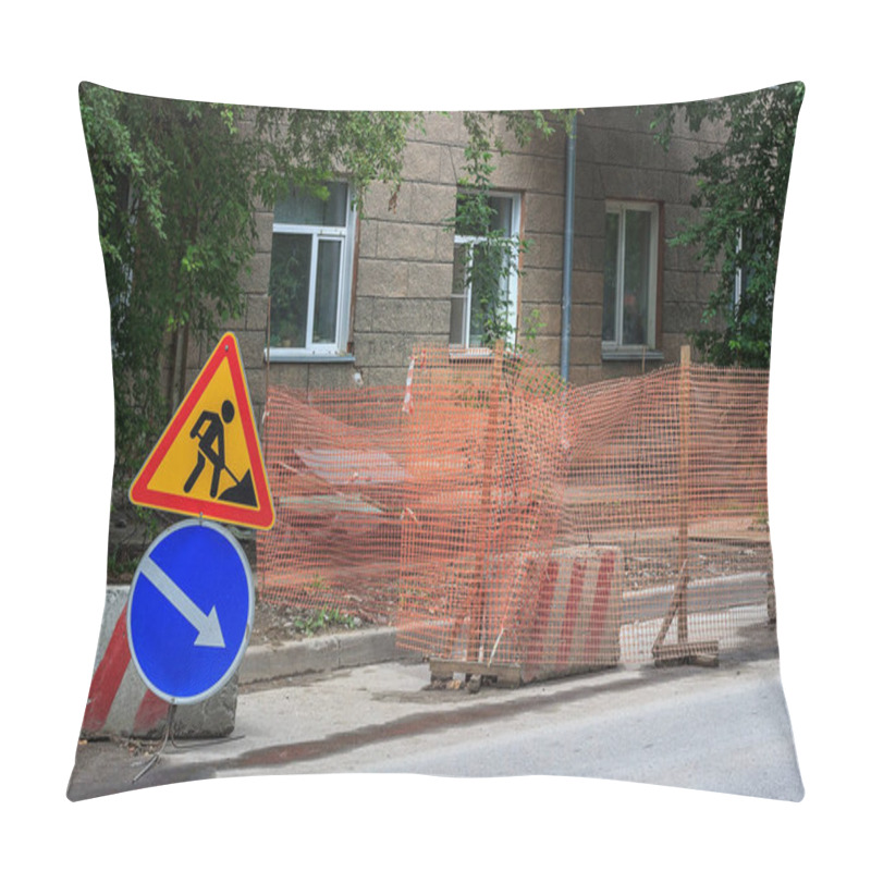 Personality  City Street Construction Site With Barricades, Safety Fence Net, Road Work And Detour Signs. Pillow Covers