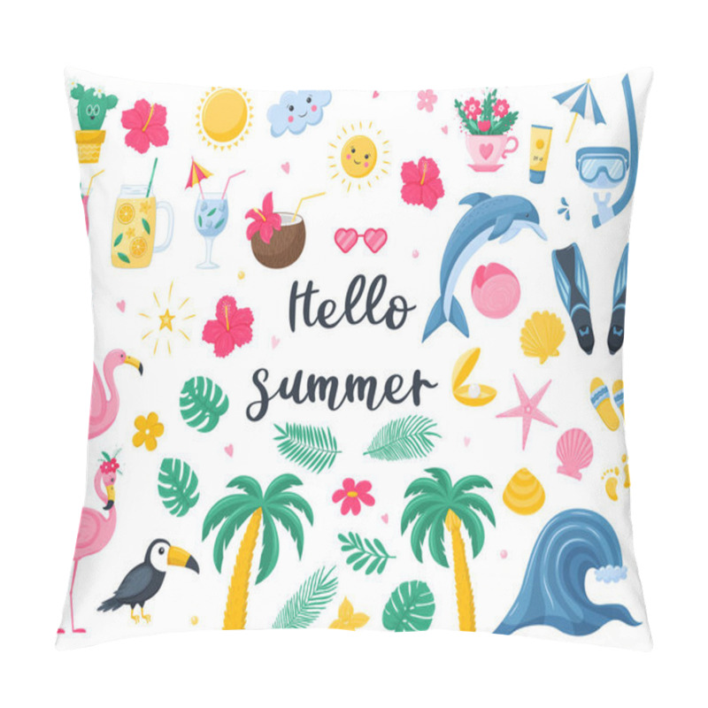 Personality  A Set Of Bright Summer Decorative Elements. Cocktails, Botanical Elements, Marine Animals, Flamingo Shells. Cute Vector Illustrations In Flat Cartoon Style Isolated On White Background Pillow Covers