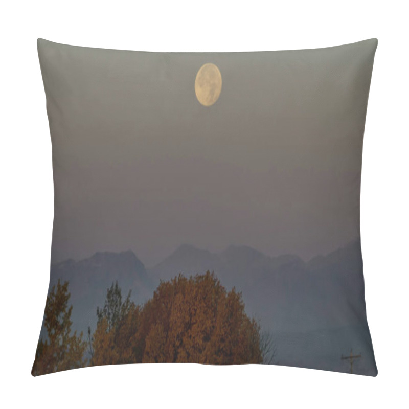 Personality  A Full Moon Rises Above A Serene Mountain Landscape At Dusk. Pillow Covers