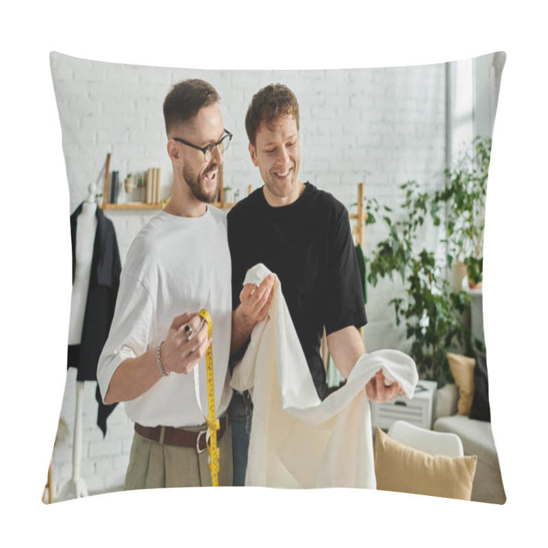 Personality  Two Designers, A Gay Couple In Love, Stand Side By Side In A Trendy Workshop, Discussing Ideas For Their Latest Attire Creations. Pillow Covers