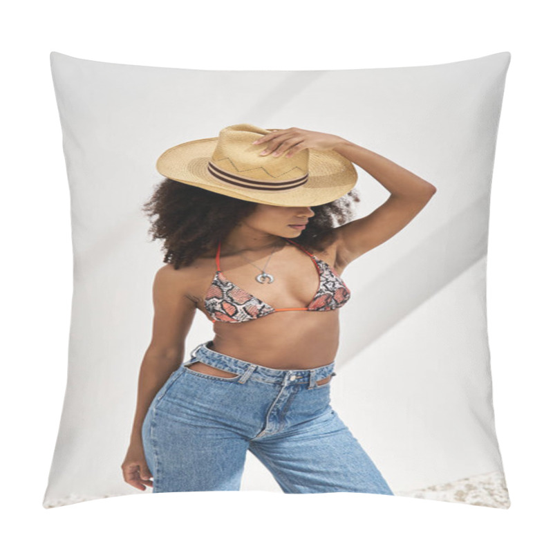 Personality  A Fashionable Young Woman Showcases Her Summer Style With A Striking Pose At The Beach. Pillow Covers