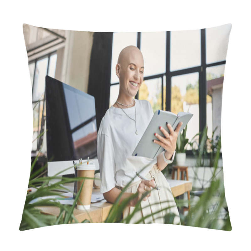 Personality  A Bald Woman In Elegant Attire Smiles While Using A Tablet In A Bright Indoor Setting. Pillow Covers