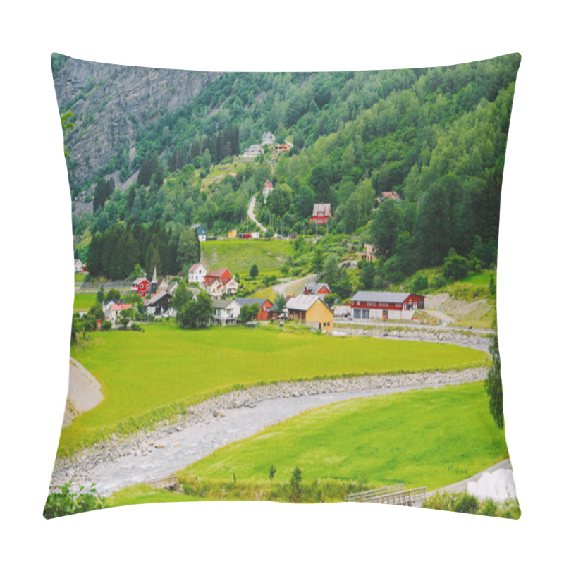 Personality  Norway Mountain Landscape With Country Houses. Aerial View Of The Norwegian Village Flam. Village Of Flam Laying On The Banks Of The River Flam In Norway Pillow Covers