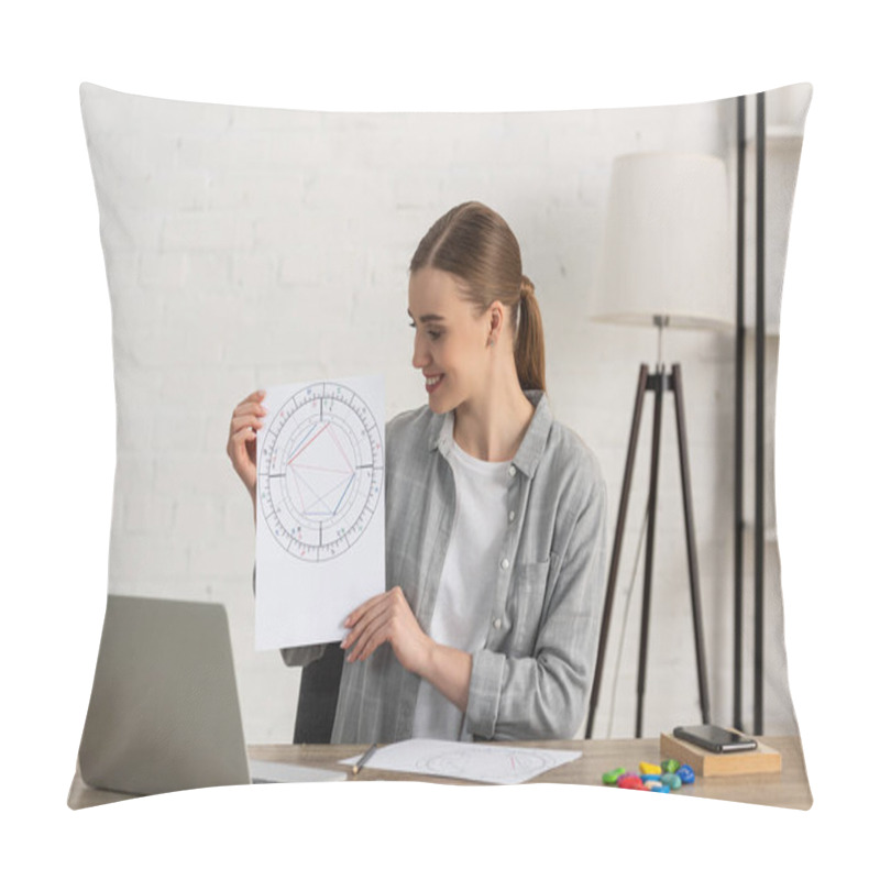 Personality  Smiling Astrologer Holding Natal Chart With Cards With Zodiac Signs On Table Pillow Covers