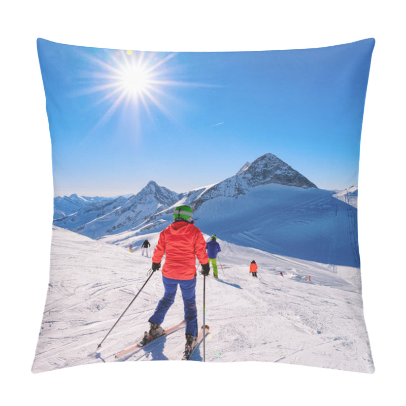 Personality  Woman Skier Skiing In Hintertux Glacier In Tyrol Of Austria Pillow Covers