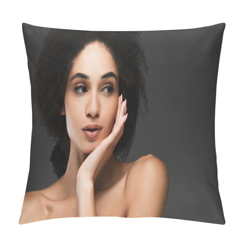 Personality  Pretty African American Woman With Bare Shoulder Looking Away While Touching Clean Face Isolated On Grey Pillow Covers