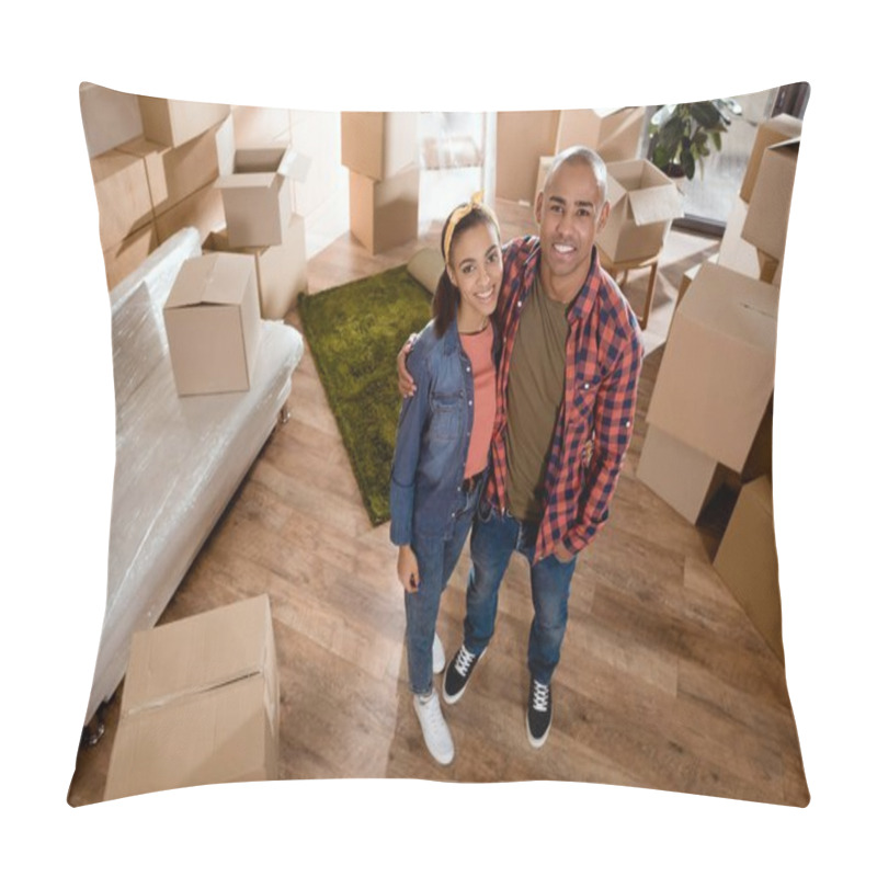 Personality  Happy African American Couple Hugging In New Home With Cardboard Boxes Pillow Covers