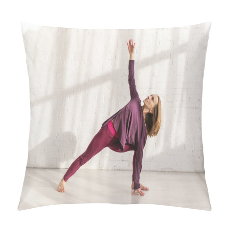 Personality  Girl In Sportswear Doing Revolved Half Moon Exercise In Yoga Studio  Pillow Covers