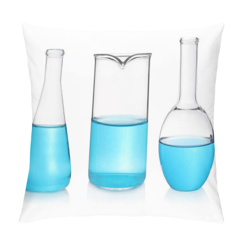 Personality  Different Laboratory Glassware With Light Blue Samples On White Background, Collage Pillow Covers