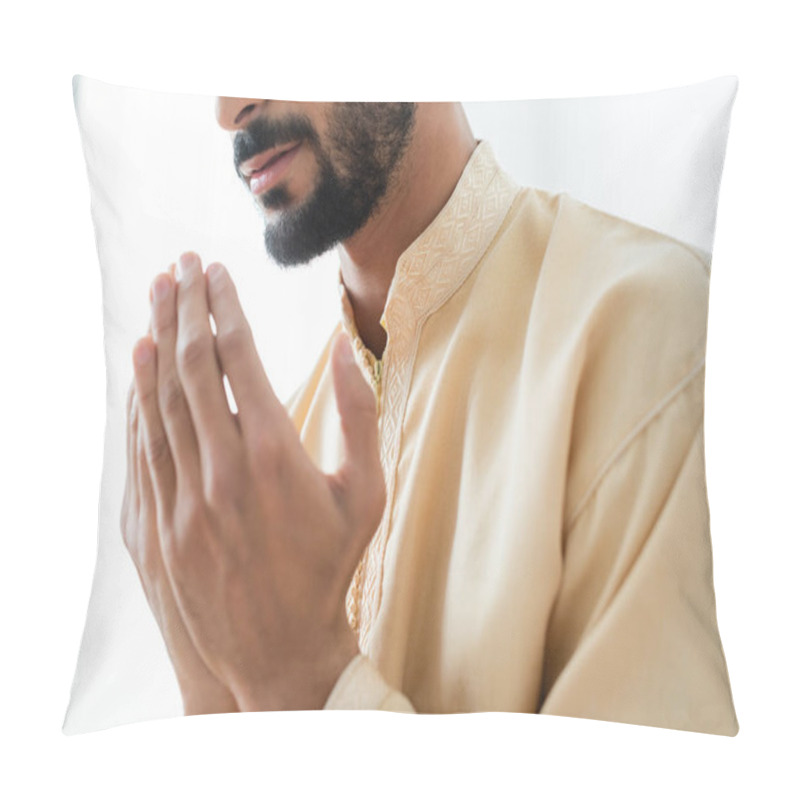 Personality  Cropped View Of Young Bearded Muslim Man Praying At Home  Pillow Covers