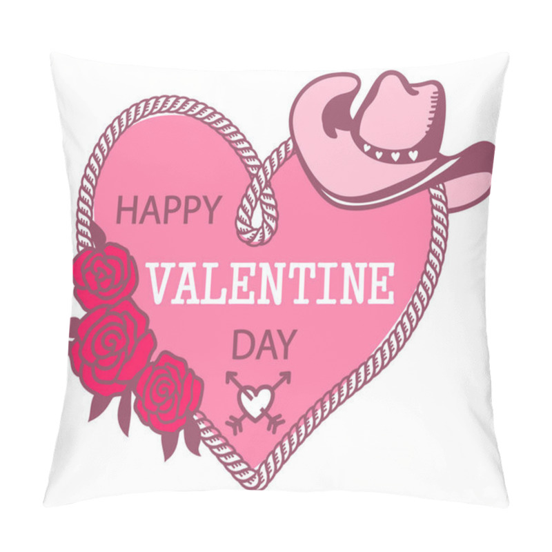 Personality  Cowboy Happy Valentine Day. Country Farm With Cowboy Hat And Text Rope Heart Decoration. Printable Pink Vector Illustration Background Isolated On White For Card Or Print Pillow Covers