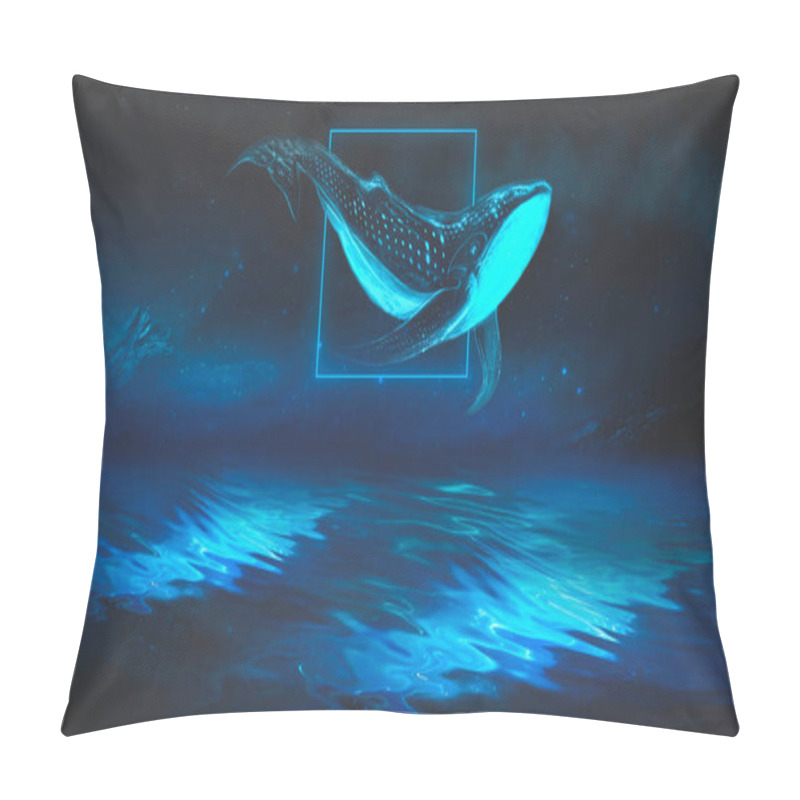 Personality  Abstract Night Fantasy Landscape With An Island, A Whale In The Sky, A Dark Fantasy Scene, An Unreal World, A Fish, A Whale, A Sperm Whale. Reflection Of Neon Light, Water, Depths Of The Sea. Night Fantasy Galaxy Space Landscape.  Pillow Covers