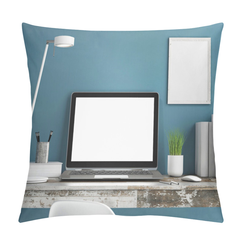 Personality  Laptop On Wooden Table, Blue Wall Painted Pillow Covers