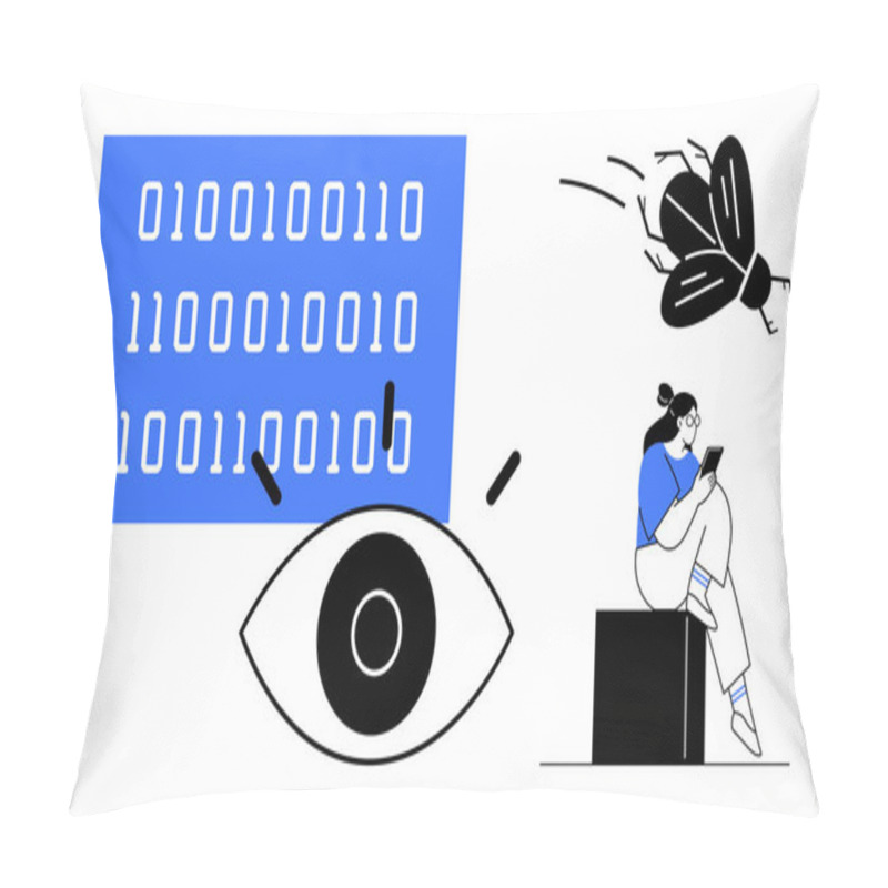 Personality  Binary Code With Magnifying Glass, Eye, Bug, And Woman Using Tablet. Ideal For Tech Diagnostics, Software Development, Coding, Cybersecurity, Data Analysis Problem-solving And Tech Communication Pillow Covers