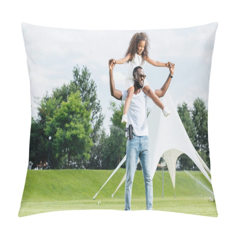 Personality  African American Police Officer With Gun Holding Daughter On Shoulders In Amusement Park Pillow Covers