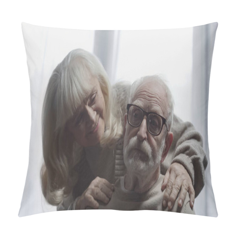 Personality  Cheerful Senior Woman Calming Down Husband In Eyeglasses With Dementia  Pillow Covers