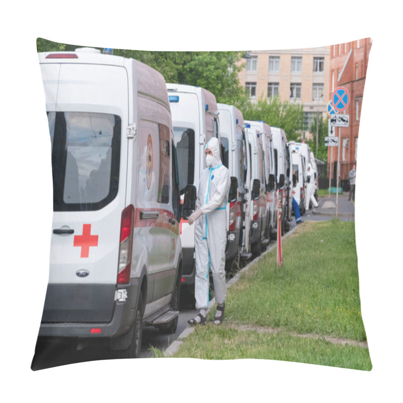 Personality  Saint Petersburg, Russia - June 13, 2021: A Line Of Ambulances Wait For The Turn At The Admission Department Of Pokrovskaya Hospital. There Is An Increase In The Number Of Cases Of Coronavirus In The City. Pillow Covers