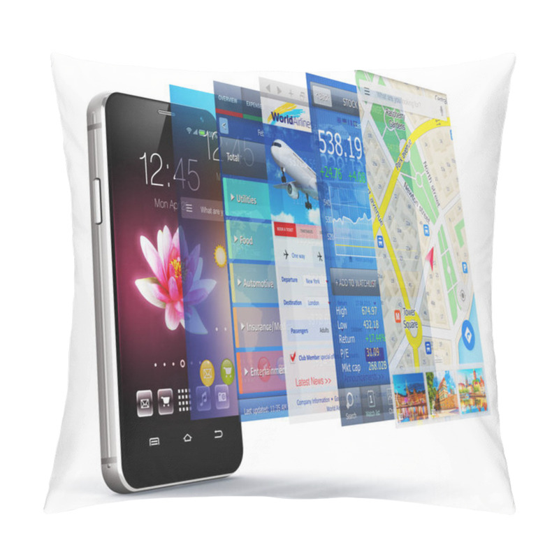 Personality  Creative Abstract Mobility, Wireless Communication And App Development And Downloading Internet Web Business Concept: 3D Render Illustration Of Modern Metal Black Glossy Touchscreen Smartphone Or Mobile Phone With Group Of Colorful Application Screen Pillow Covers