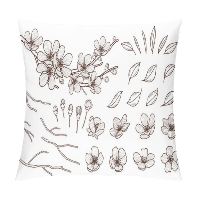 Personality  Almond Blossoms Hand Drawn Set. Spring Flowers Leaves ,buds And Branches Collected. Sakura,cherry, Apple Tree,plum Blossoming Elements Isolated On White Background. Ink Pen Vector Illustration. Pillow Covers