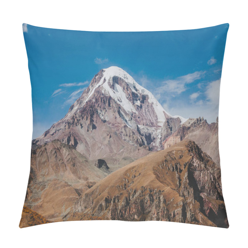 Personality  Caucasian Mountains. A View Of Snow-covered Summit Of Mount Kazbegi, Georgia Pillow Covers