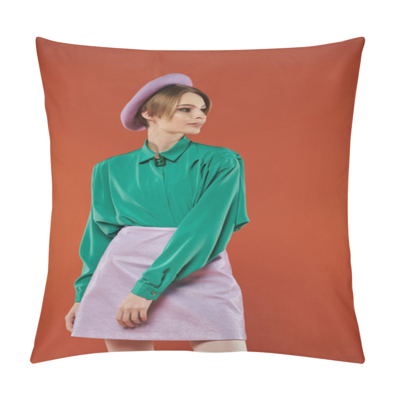 Personality  A Fashionable Woman Poses In A Green Blouse And Lavender Skirt, With A Touch Of Grunge Style. Pillow Covers