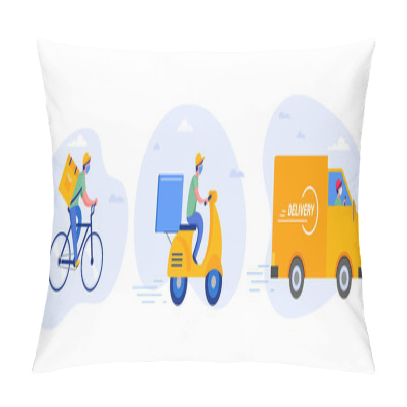 Personality  Online Delivery Service Concept, Online Order Tracking, Delivery Home And Office. Warehouse, Truck, Drone, Scooter And Bicycle Courier, Delivery Man In Respiratory Mask. Vector Illustration Pillow Covers