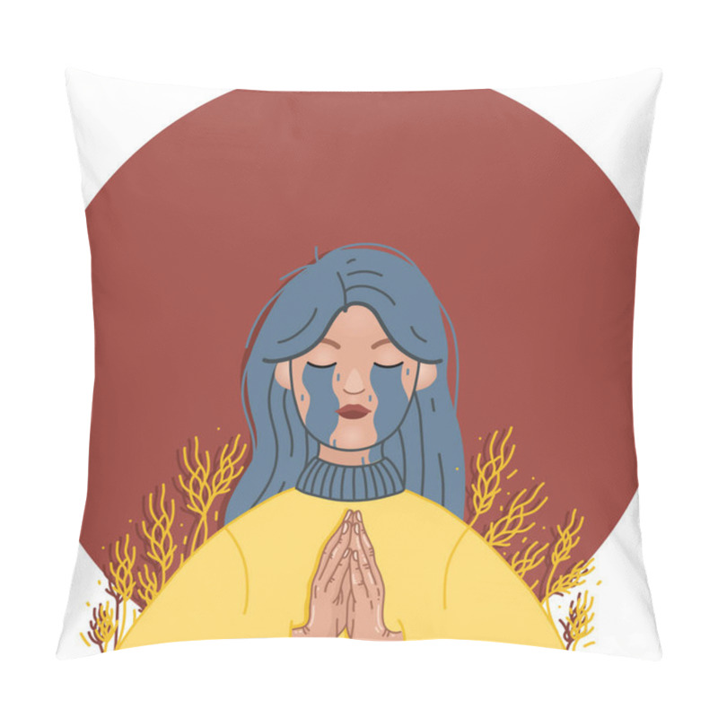 Personality  Illustration Of Crying Ukrainian Woman Praying With Closed Eyes On Red Pillow Covers