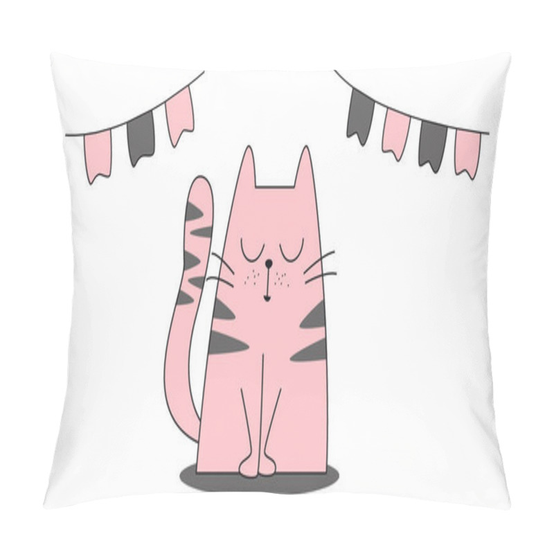 Personality  Cute Pink Cat Isolated On White Background With Party Flags. Minimalist Hand Drawn Cartoon Character. Sleeping Kitten Pet. Celebration Animal Concept. Flat Style Vector Illustration. Pillow Covers