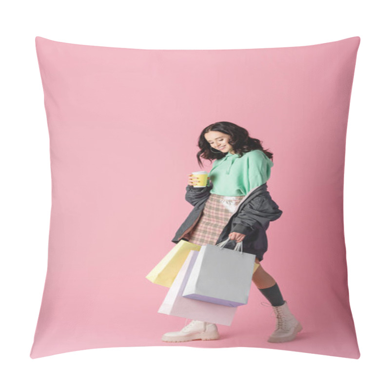 Personality  Smiling Brunette Young Woman In Casual Winter Outfit With Shopping Bags And Coffee To Go On Pink Background Pillow Covers