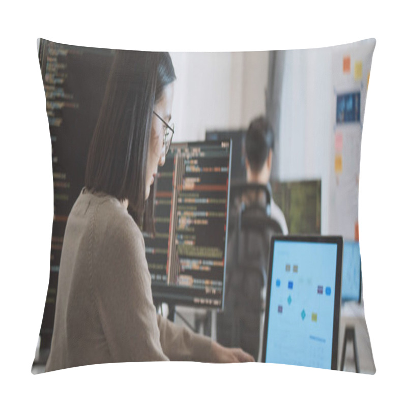 Personality  Young Adult Asian Male, Female Software Developer Coding Program On Desktop Computer. Man, Woman Work From Home, Remote Working, Freelance Programmer Job, Smart Digital Nomad Lifestyle Concept Pillow Covers