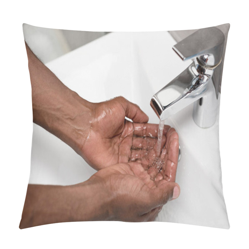 Personality  Cropped Shot Of Male Hands And Water In Sink Pillow Covers