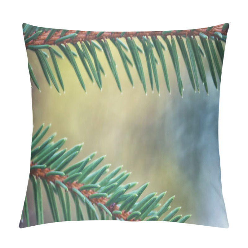 Personality  Close-up Of Coniferous Branches On A Blurred Background Of Nature. Tenderness In Nature Pillow Covers