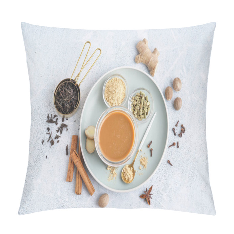 Personality  Glass Of Tasty Masala Tea With Different Spices On Light Background Pillow Covers