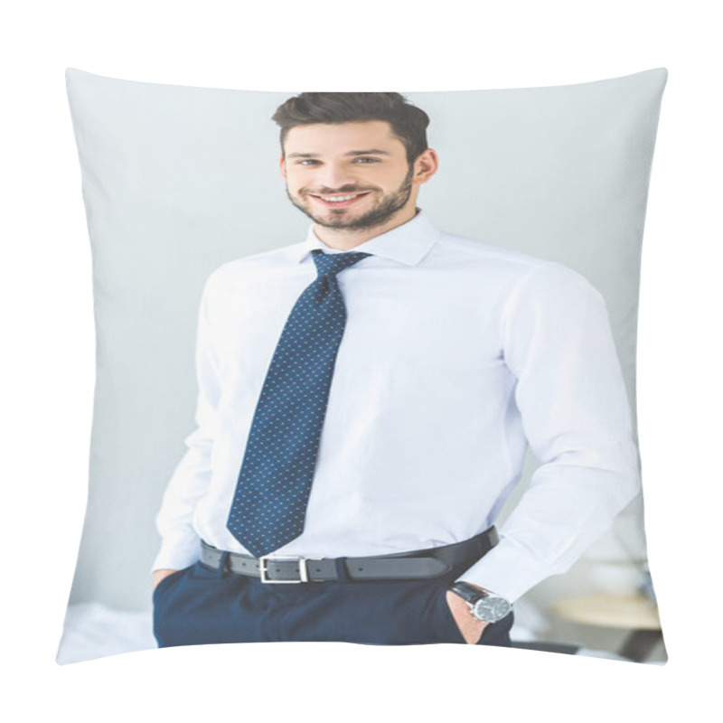 Personality  Handsome Smiling Businessman In White Shirt And Tie  Pillow Covers